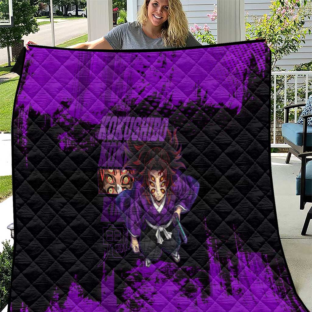 Kokushibo Demon Slayer Purple Grunge Design Quilt with Six Eyes Detail and Sword Pose - The Mazicc