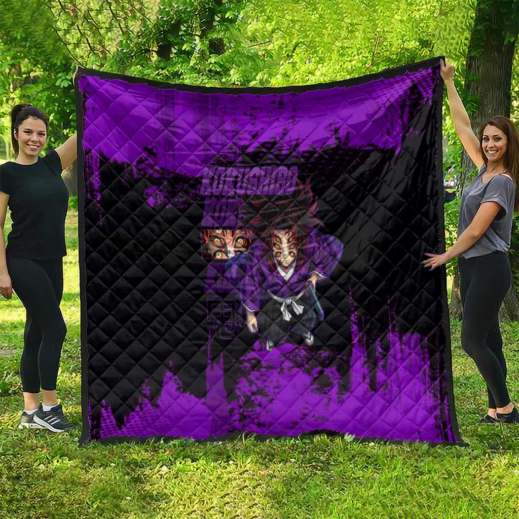 Kokushibo Demon Slayer Purple Grunge Design Quilt with Six Eyes Detail and Sword Pose - The Mazicc