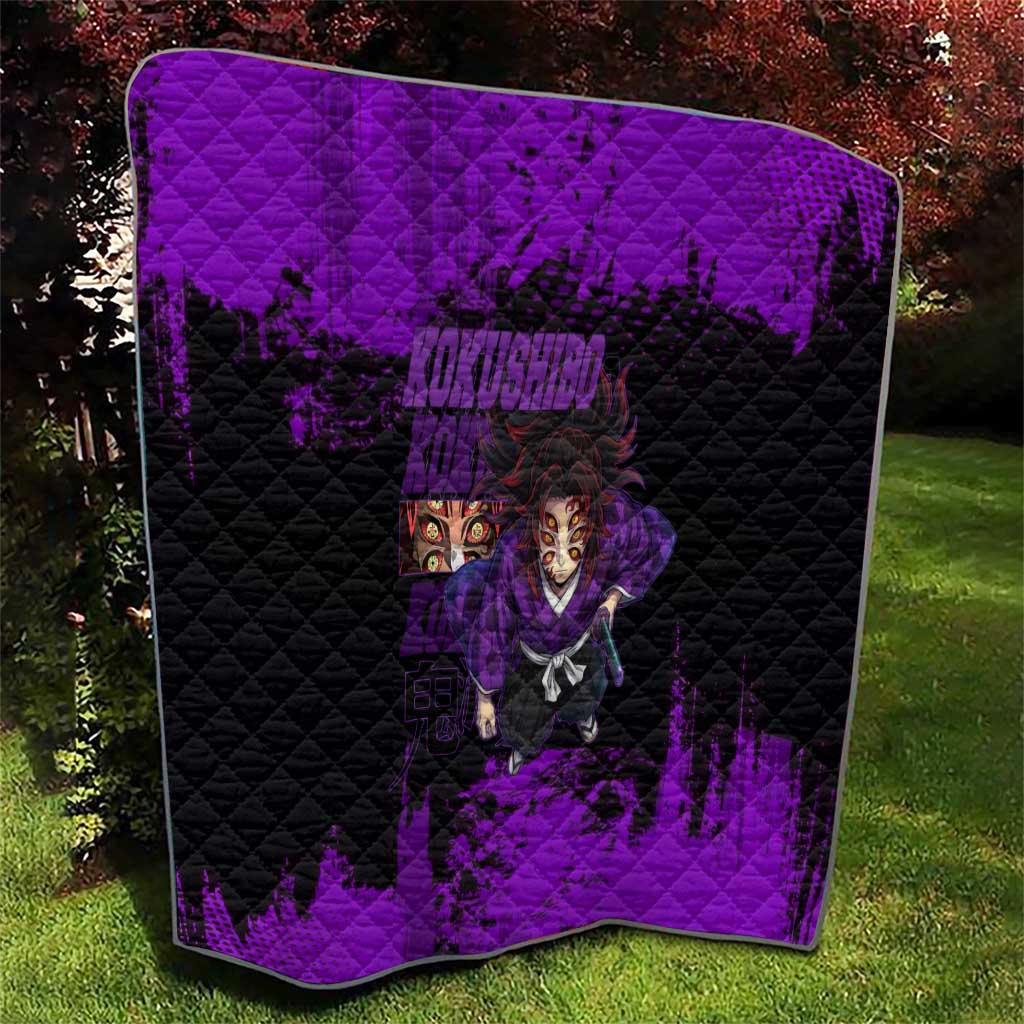 Kokushibo Demon Slayer Purple Grunge Design Quilt with Six Eyes Detail and Sword Pose - The Mazicc