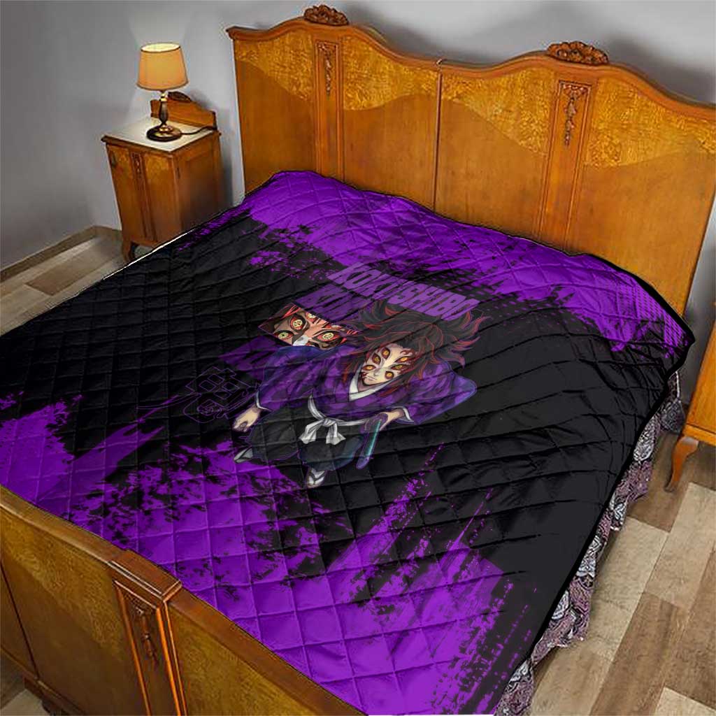 Kokushibo Demon Slayer Purple Grunge Design Quilt with Six Eyes Detail and Sword Pose - The Mazicc