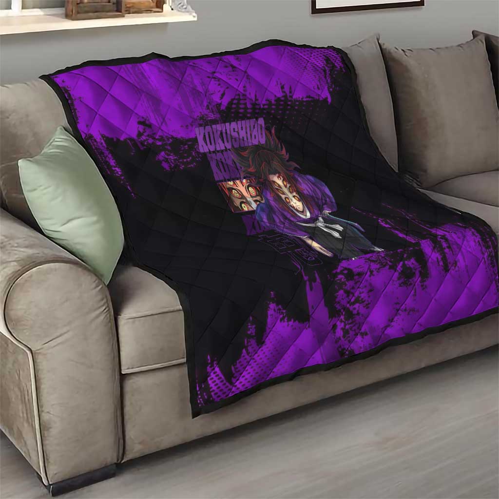 Kokushibo Demon Slayer Purple Grunge Design Quilt with Six Eyes Detail and Sword Pose - The Mazicc