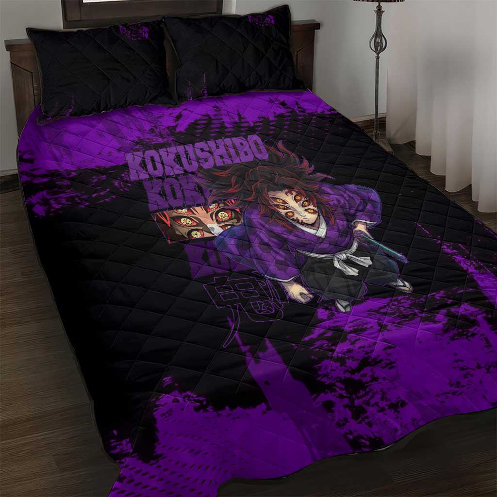 Kokushibo Demon Slayer Purple Grunge Design Quilt Bed Set with Six Eyes Detail and Sword Pose - The Mazicc