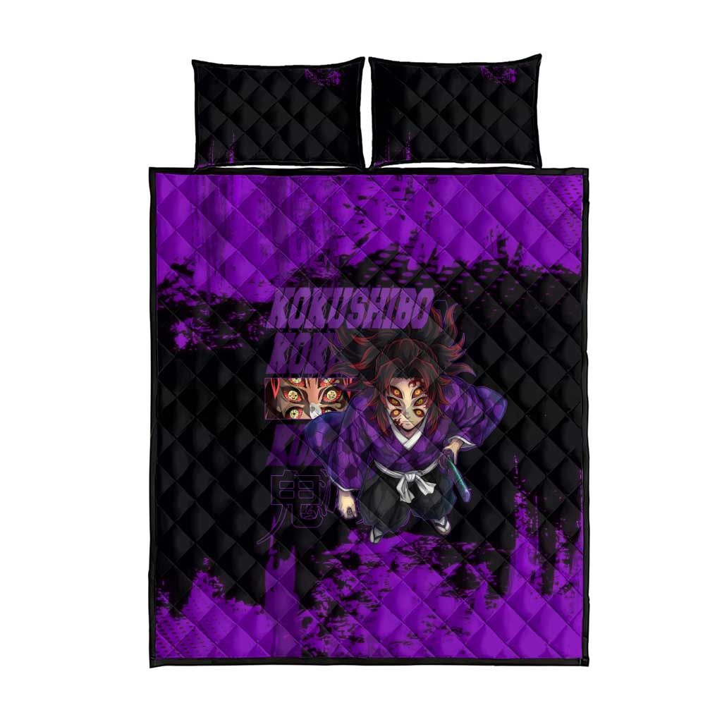 Kokushibo Demon Slayer Purple Grunge Design Quilt Bed Set with Six Eyes Detail and Sword Pose - The Mazicc