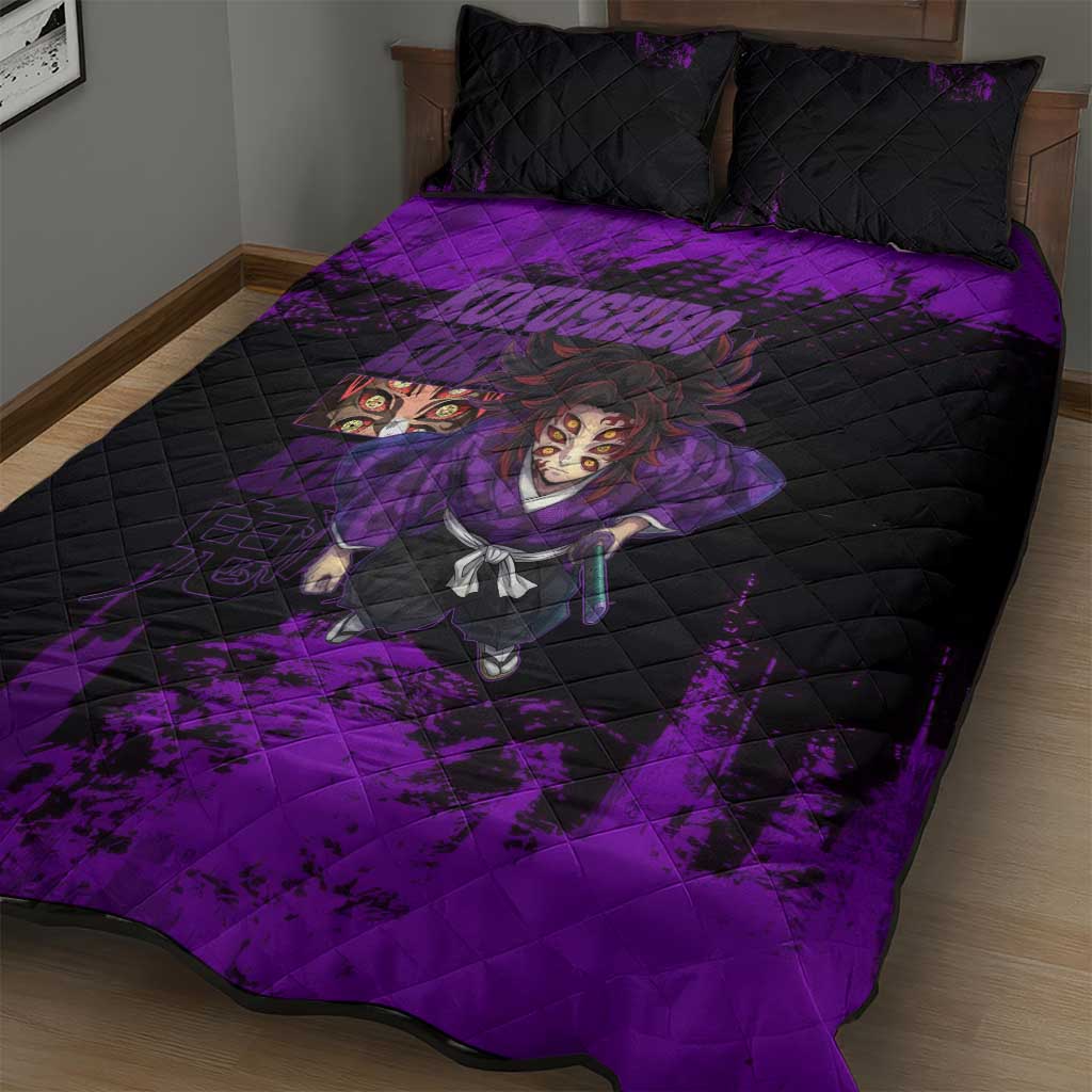 Kokushibo Demon Slayer Purple Grunge Design Quilt Bed Set with Six Eyes Detail and Sword Pose - The Mazicc