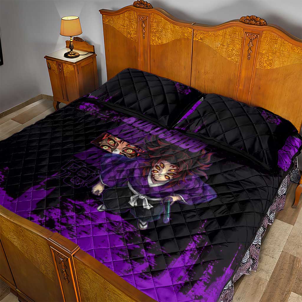 Kokushibo Demon Slayer Purple Grunge Design Quilt Bed Set with Six Eyes Detail and Sword Pose - The Mazicc