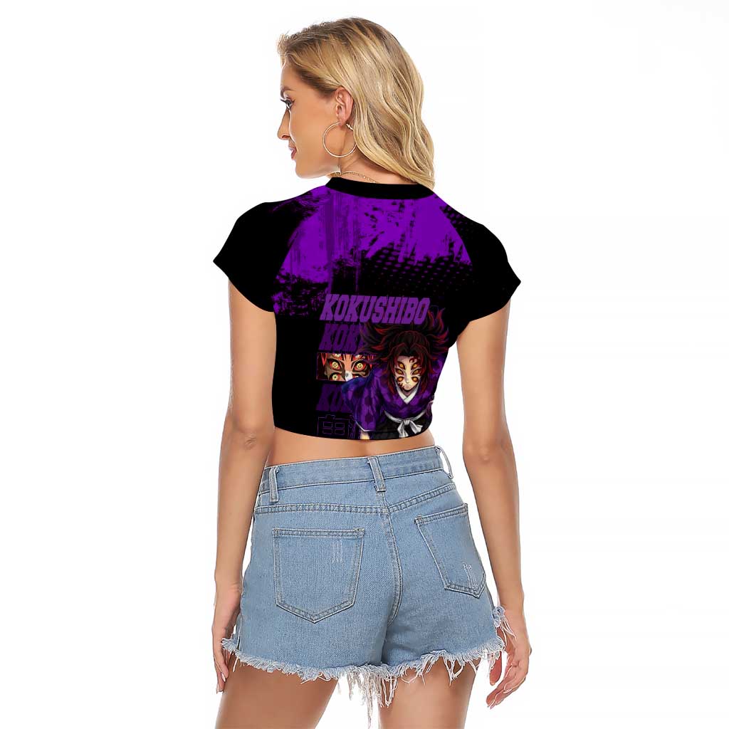 Kokushibo Demon Slayer Purple Grunge Design Raglan Cropped T Shirt with Six Eyes Detail and Sword Pose - The Mazicc