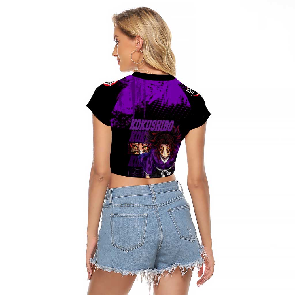 Kokushibo Demon Slayer Purple Grunge Design Raglan Cropped T Shirt with Six Eyes Detail and Sword Pose - The Mazicc