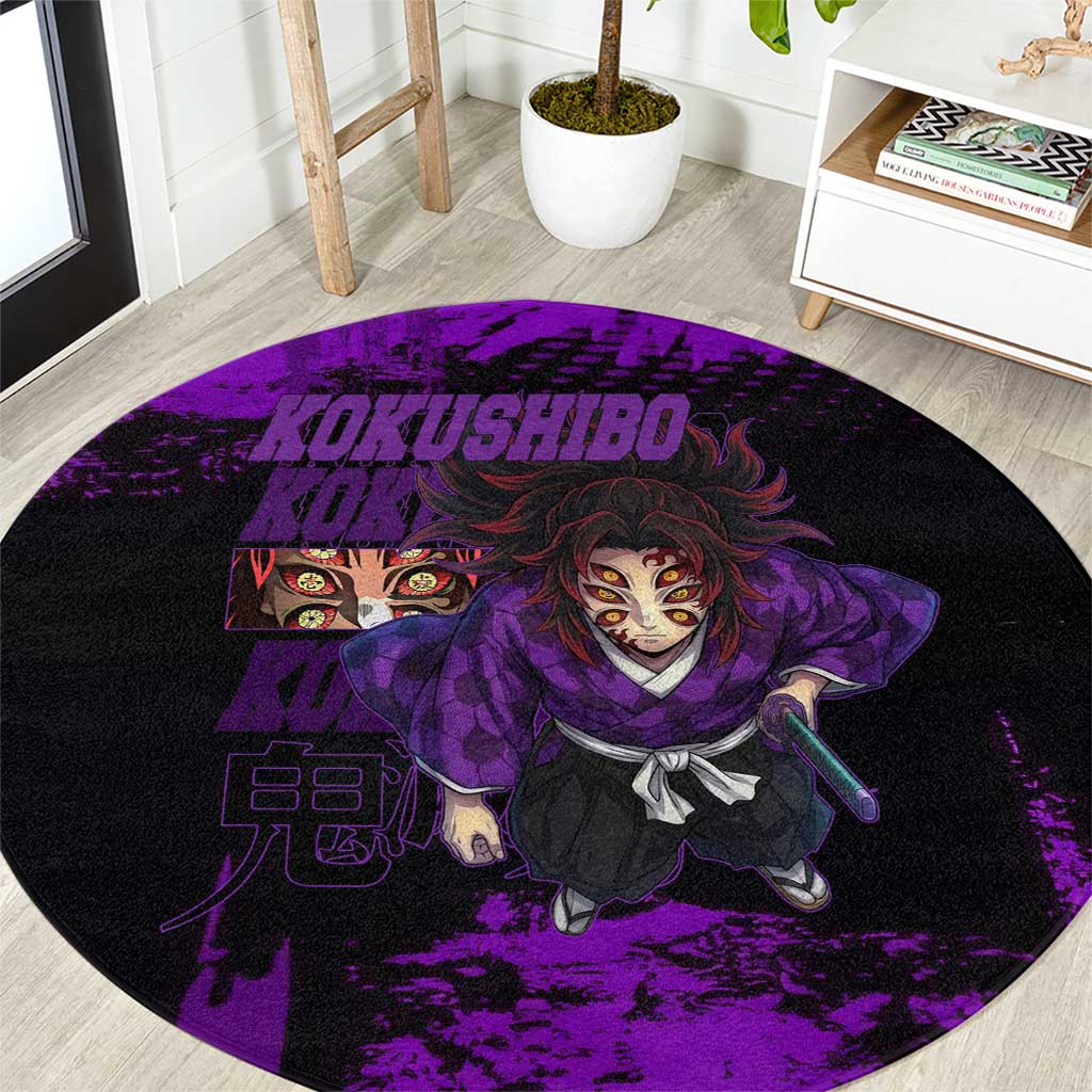 Kokushibo Demon Slayer Purple Grunge Design Round Carpet with Six Eyes Detail and Sword Pose - The Mazicc