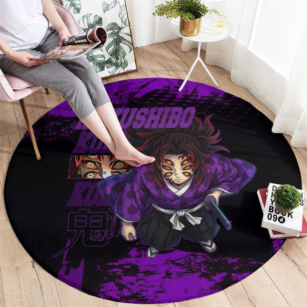 Kokushibo Demon Slayer Purple Grunge Design Round Carpet with Six Eyes Detail and Sword Pose - The Mazicc