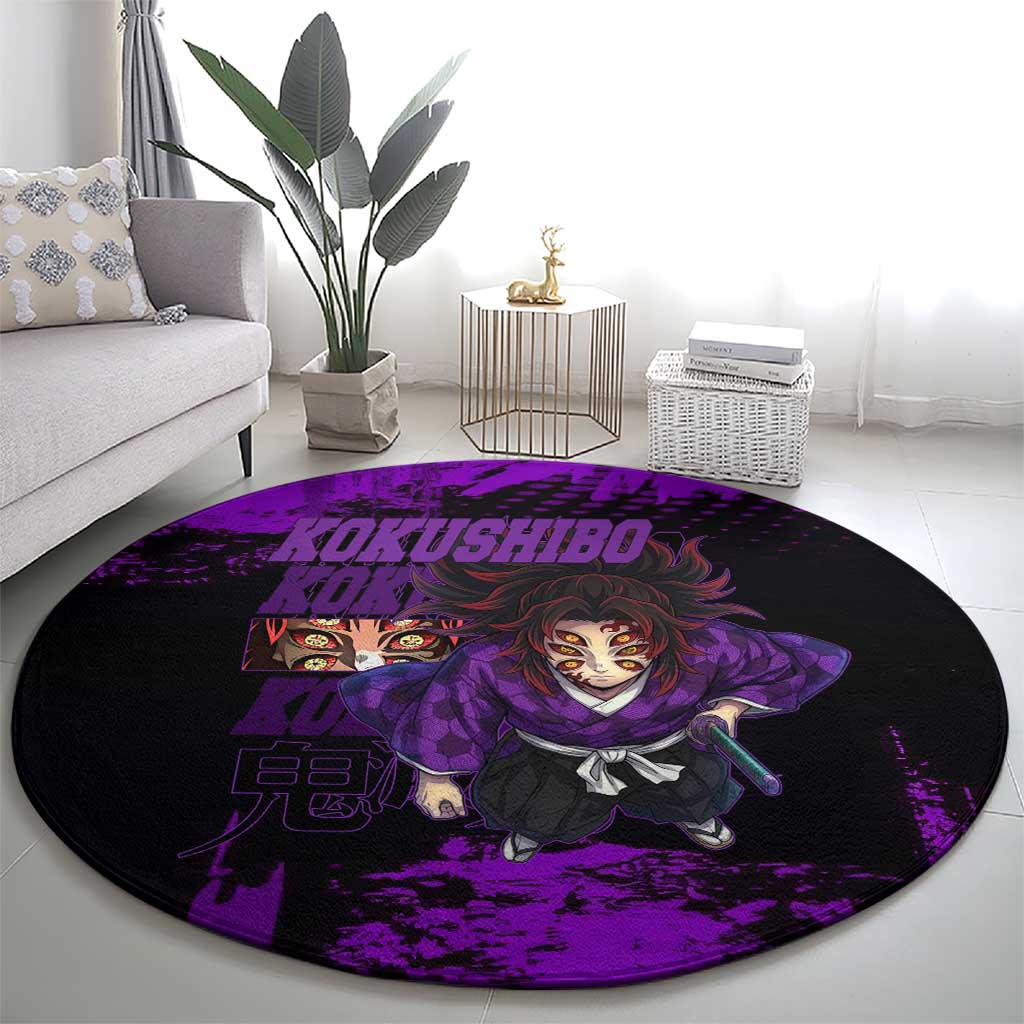 Kokushibo Demon Slayer Purple Grunge Design Round Carpet with Six Eyes Detail and Sword Pose - The Mazicc