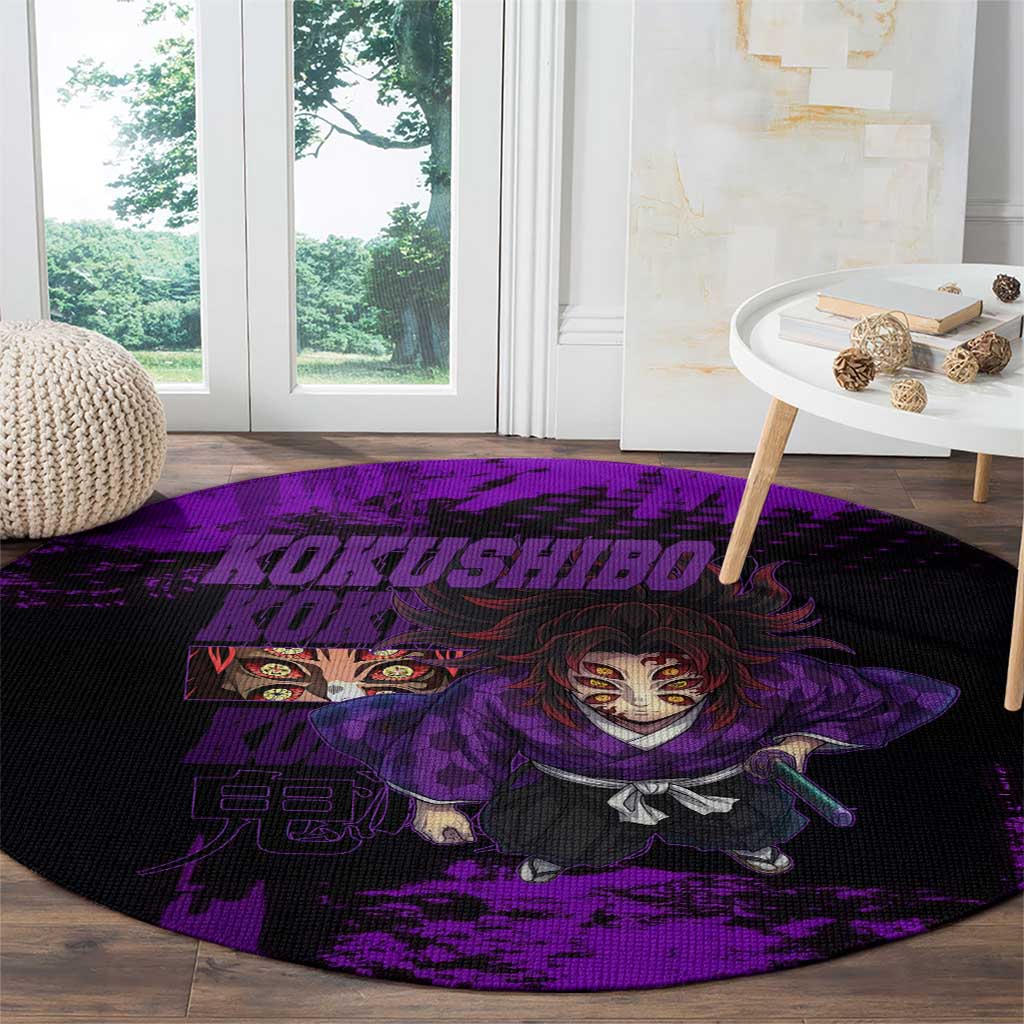Kokushibo Demon Slayer Purple Grunge Design Round Carpet with Six Eyes Detail and Sword Pose - The Mazicc