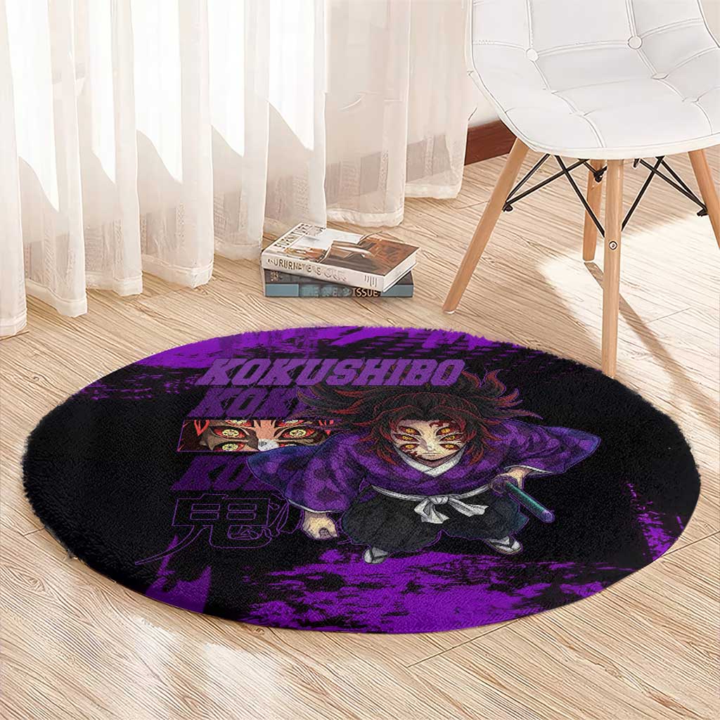 Kokushibo Demon Slayer Purple Grunge Design Round Carpet with Six Eyes Detail and Sword Pose - The Mazicc