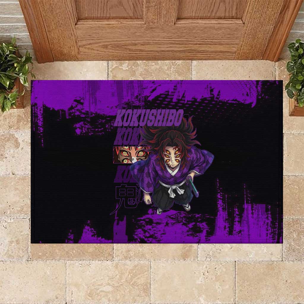 Kokushibo Demon Slayer Purple Grunge Design Rubber Doormat with Six Eyes Detail and Sword Pose - The Mazicc