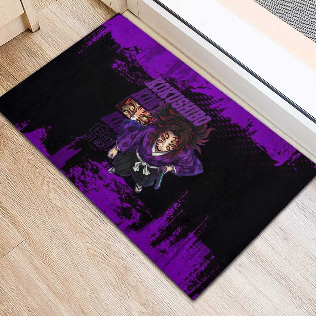 Kokushibo Demon Slayer Purple Grunge Design Rubber Doormat with Six Eyes Detail and Sword Pose - The Mazicc