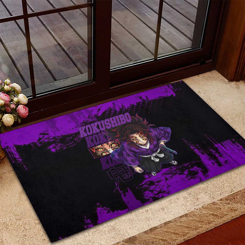 Kokushibo Demon Slayer Purple Grunge Design Rubber Doormat with Six Eyes Detail and Sword Pose - The Mazicc
