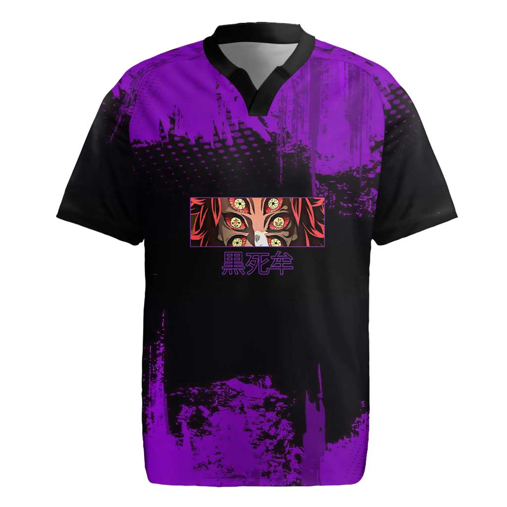 Kokushibo Demon Slayer Purple Grunge Design Rugby Jersey with Six Eyes Detail and Sword Pose - The Mazicc