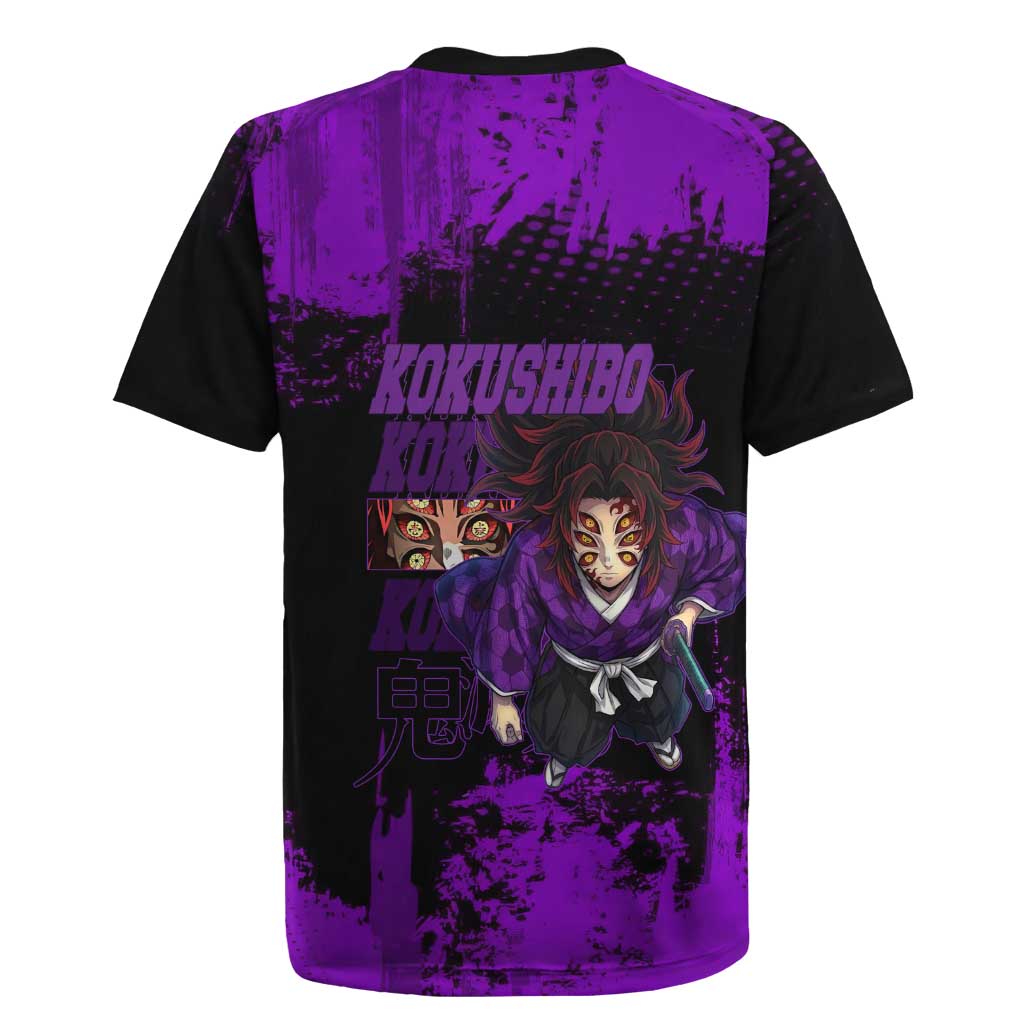 Kokushibo Demon Slayer Purple Grunge Design Rugby Jersey with Six Eyes Detail and Sword Pose - The Mazicc