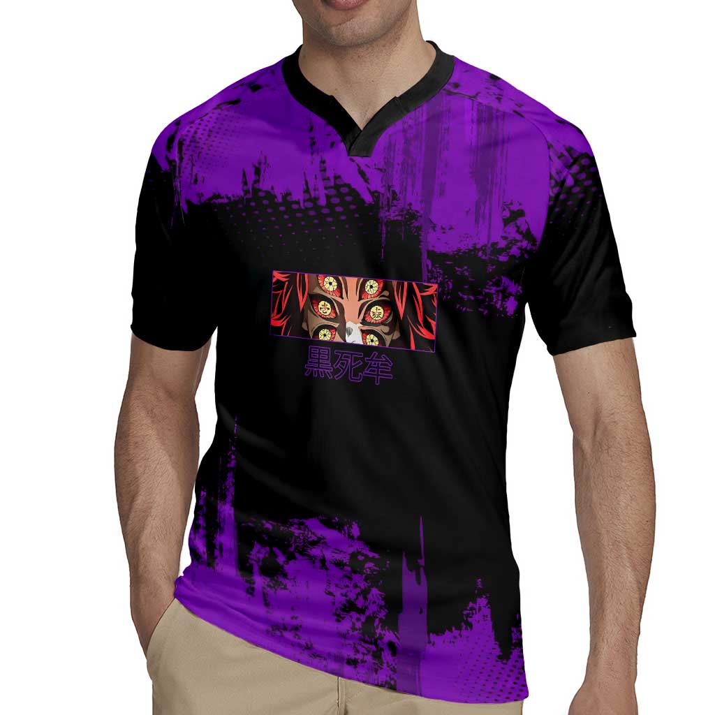 Kokushibo Demon Slayer Purple Grunge Design Rugby Jersey with Six Eyes Detail and Sword Pose - The Mazicc