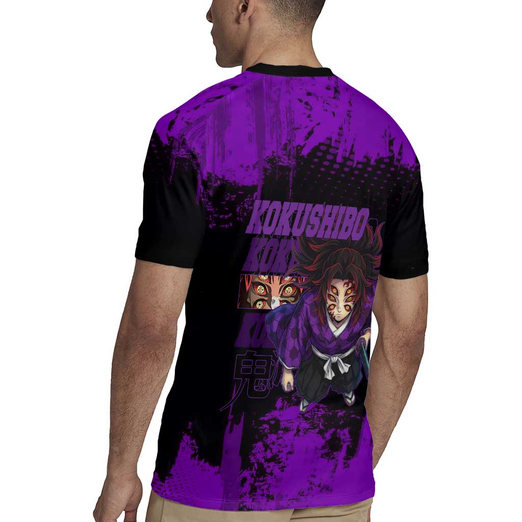 Kokushibo Demon Slayer Purple Grunge Design Rugby Jersey with Six Eyes Detail and Sword Pose - The Mazicc