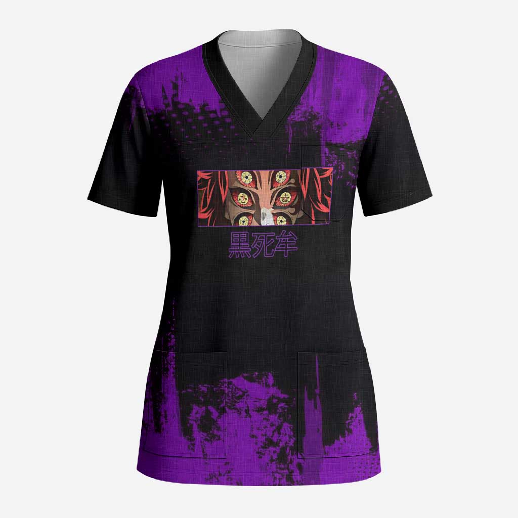 Kokushibo Demon Slayer Purple Grunge Design Scrub Top with Six Eyes Detail and Sword Pose - The Mazicc