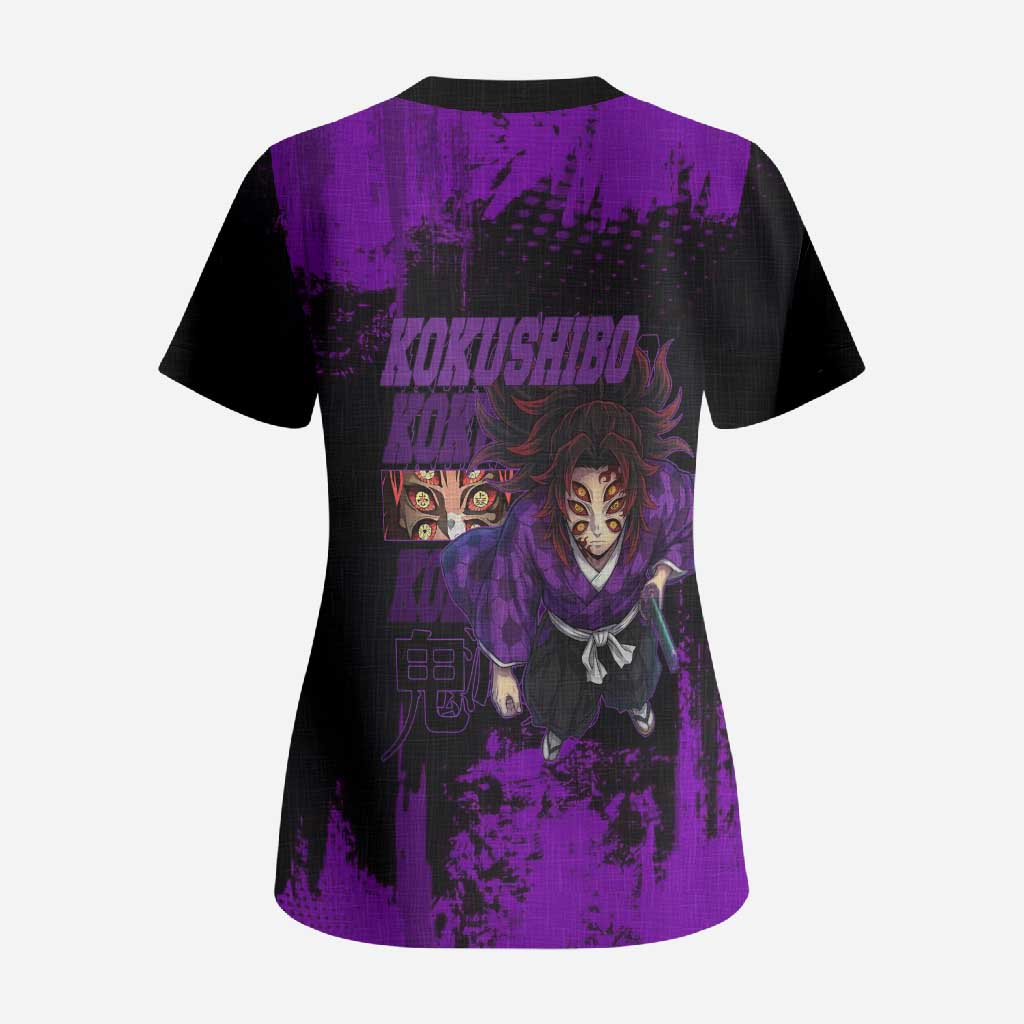 Kokushibo Demon Slayer Purple Grunge Design Scrub Top with Six Eyes Detail and Sword Pose - The Mazicc