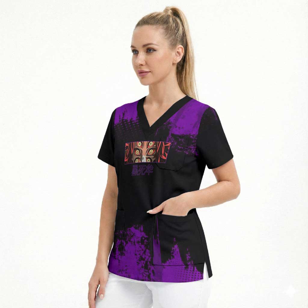 Kokushibo Demon Slayer Purple Grunge Design Scrub Top with Six Eyes Detail and Sword Pose - The Mazicc