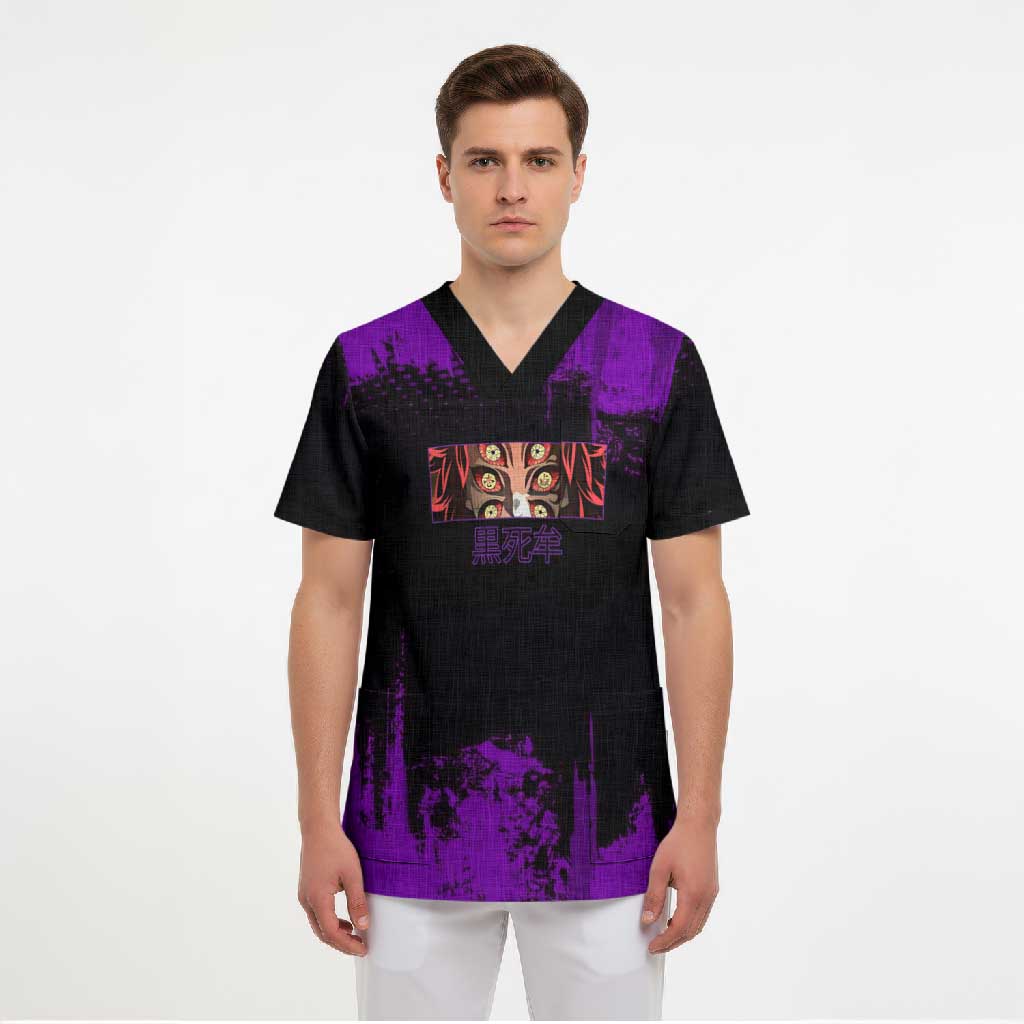 Kokushibo Demon Slayer Purple Grunge Design Scrub Top with Six Eyes Detail and Sword Pose - The Mazicc