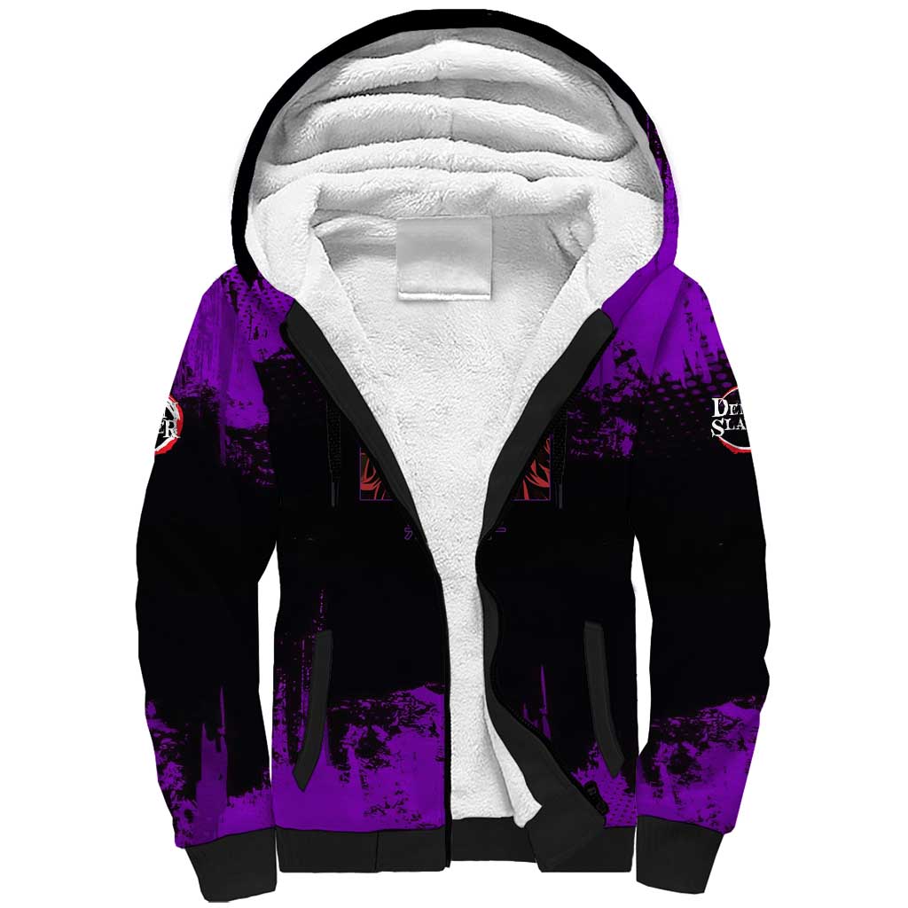 Kokushibo Demon Slayer Purple Grunge Design Sherpa Hoodie with Six Eyes Detail and Sword Pose - The Mazicc