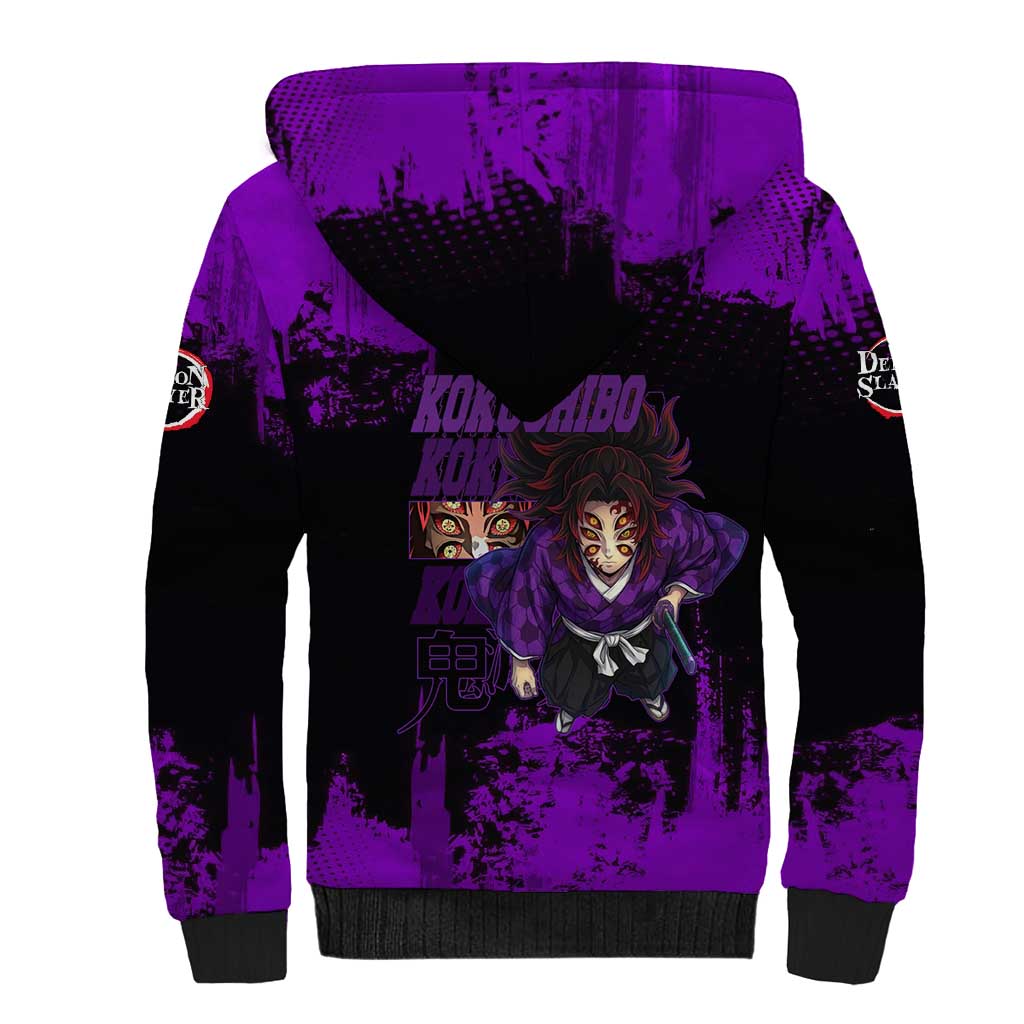 Kokushibo Demon Slayer Purple Grunge Design Sherpa Hoodie with Six Eyes Detail and Sword Pose - The Mazicc
