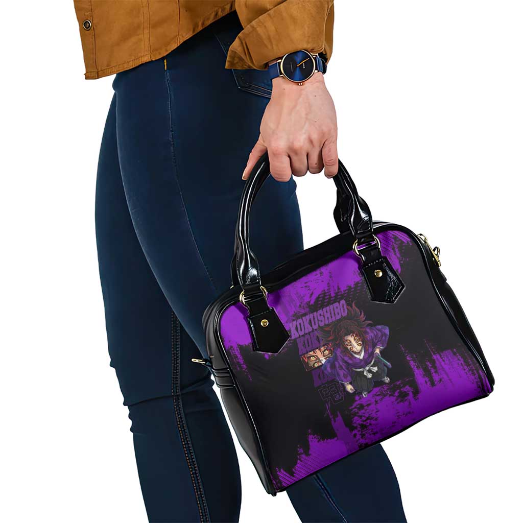 Kokushibo Demon Slayer Purple Grunge Design Shoulder Handbag with Six Eyes Detail and Sword Pose - The Mazicc