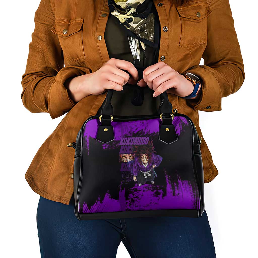 Kokushibo Demon Slayer Purple Grunge Design Shoulder Handbag with Six Eyes Detail and Sword Pose - The Mazicc