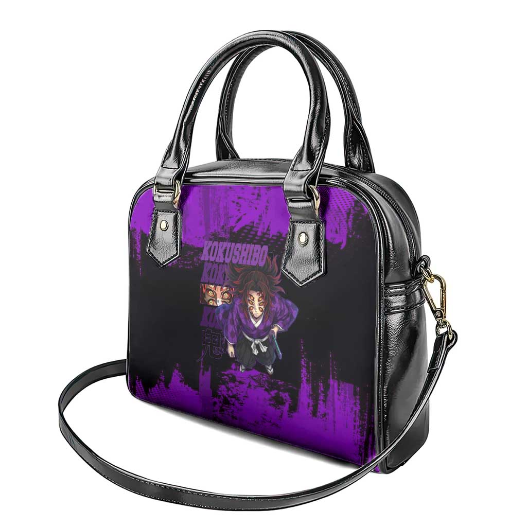 Kokushibo Demon Slayer Purple Grunge Design Shoulder Handbag with Six Eyes Detail and Sword Pose - The Mazicc