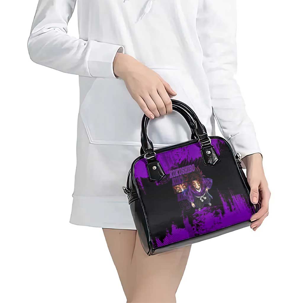 Kokushibo Demon Slayer Purple Grunge Design Shoulder Handbag with Six Eyes Detail and Sword Pose - The Mazicc