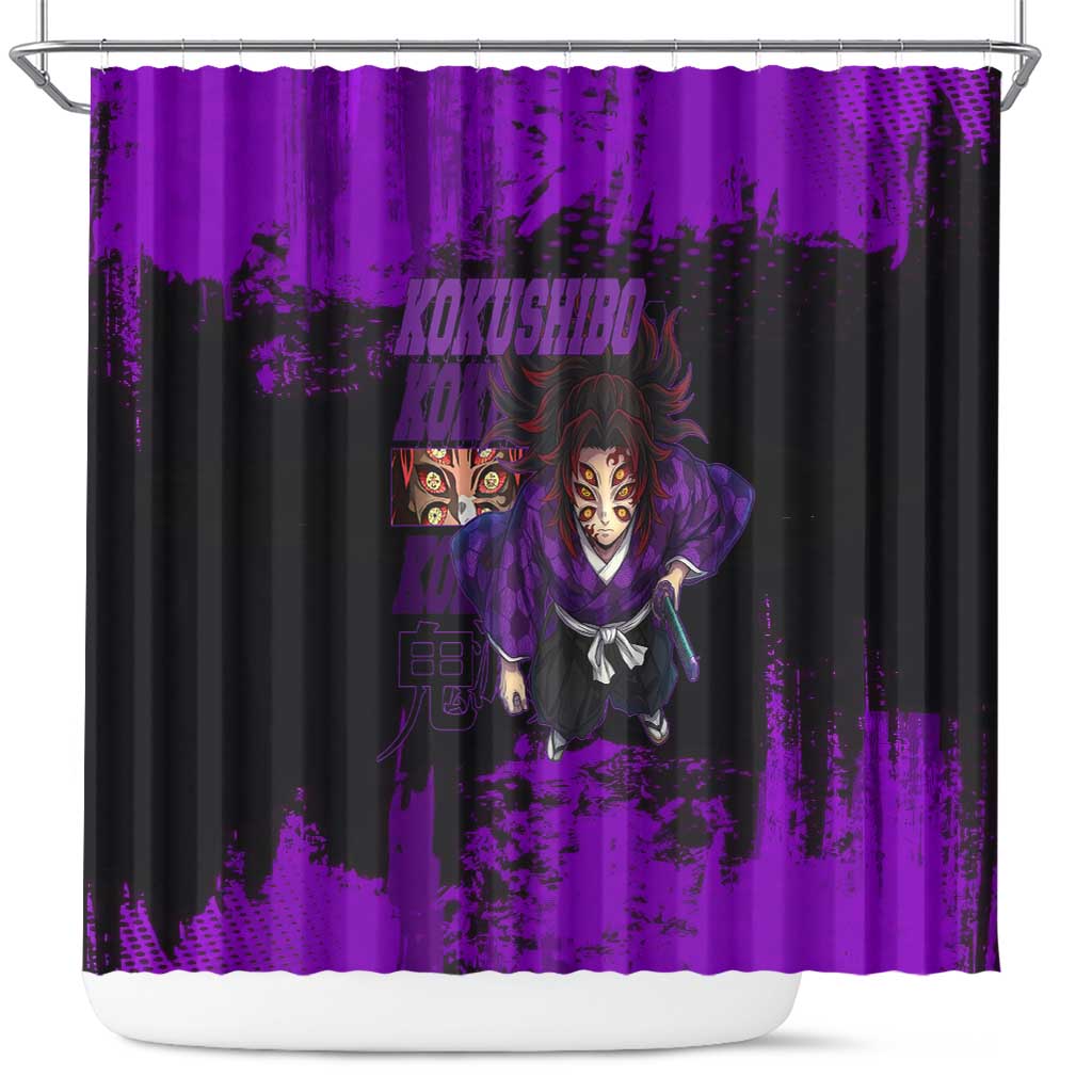 Kokushibo Demon Slayer Purple Grunge Design Shower Curtain with Six Eyes Detail and Sword Pose - The Mazicc