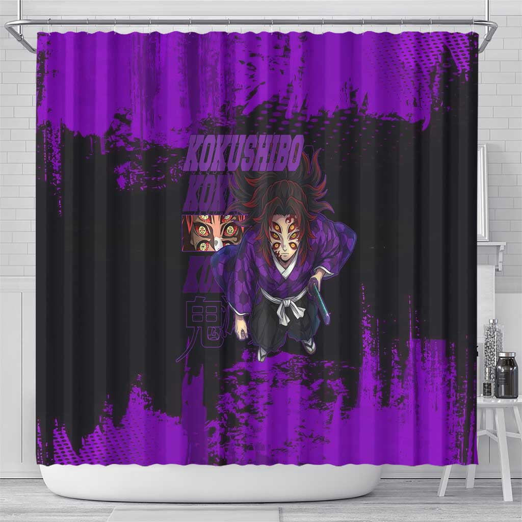 Kokushibo Demon Slayer Purple Grunge Design Shower Curtain with Six Eyes Detail and Sword Pose - The Mazicc