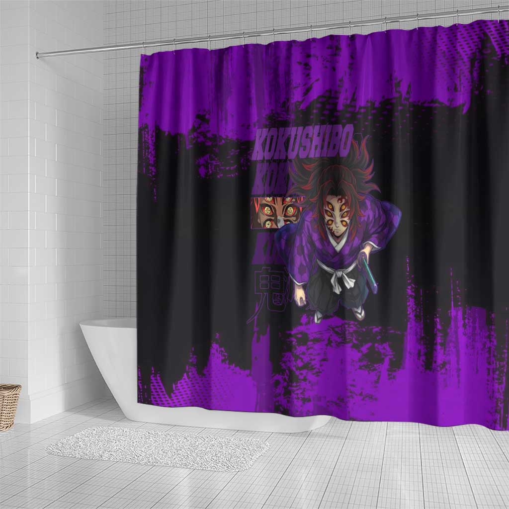 Kokushibo Demon Slayer Purple Grunge Design Shower Curtain with Six Eyes Detail and Sword Pose - The Mazicc