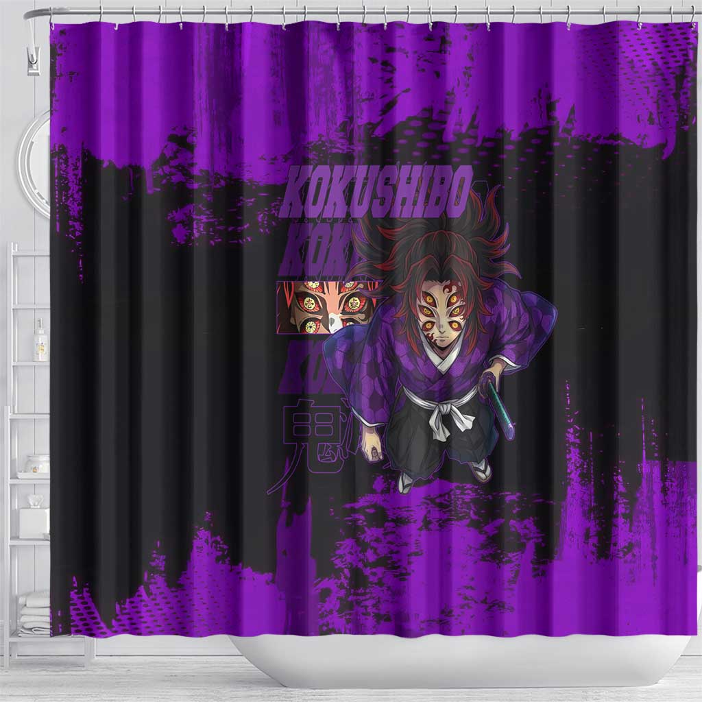 Kokushibo Demon Slayer Purple Grunge Design Shower Curtain with Six Eyes Detail and Sword Pose - The Mazicc