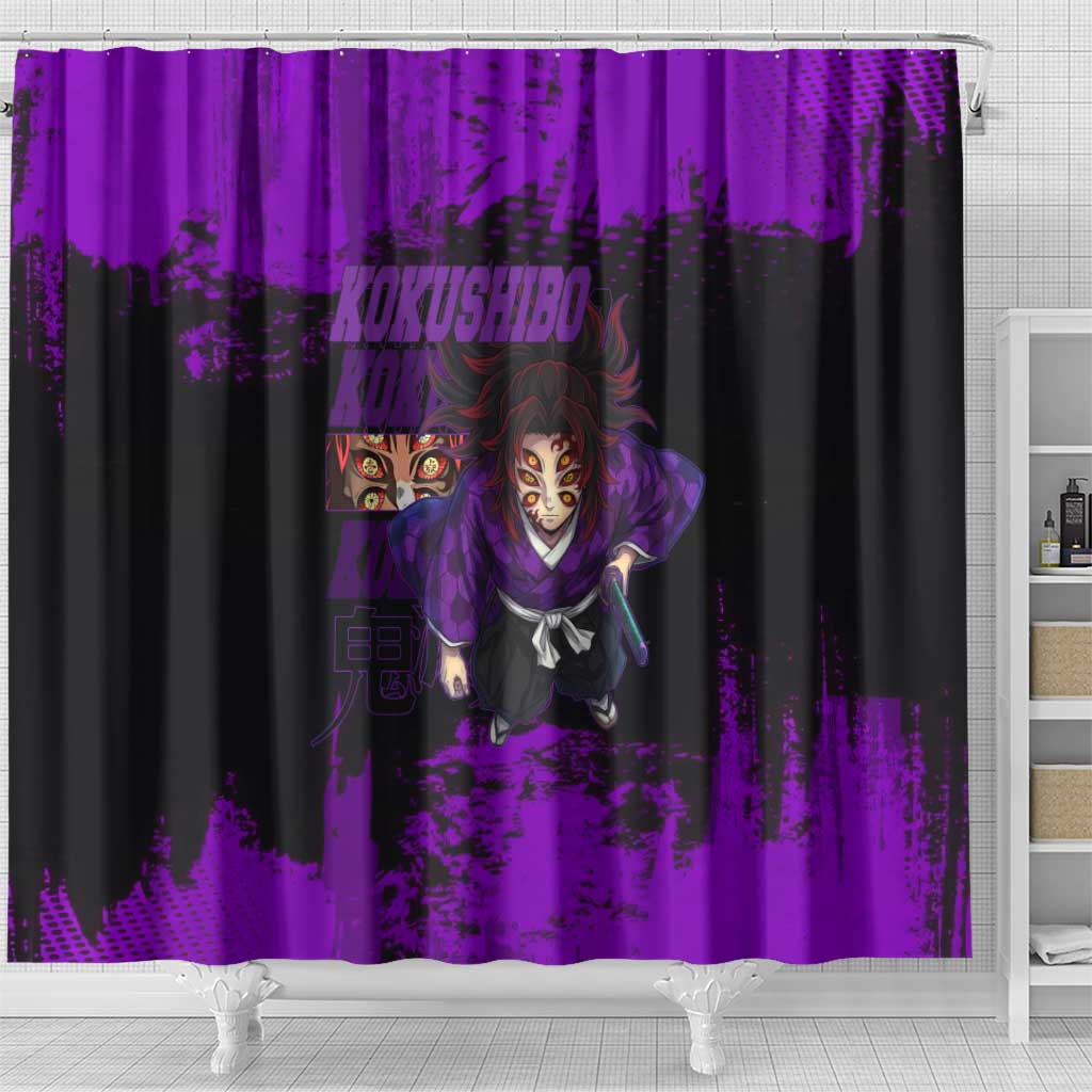 Kokushibo Demon Slayer Purple Grunge Design Shower Curtain with Six Eyes Detail and Sword Pose - The Mazicc