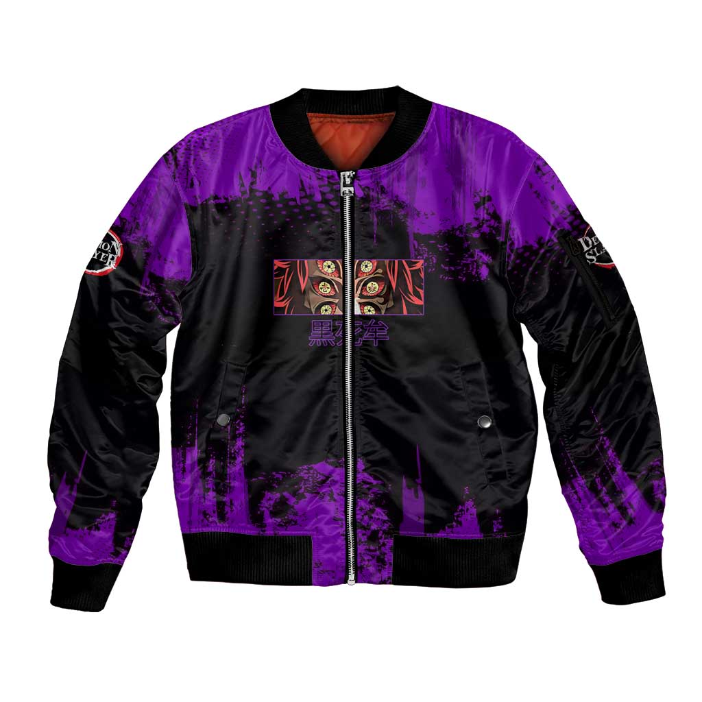 Kokushibo Demon Slayer Purple Grunge Design Sleeve Zip Bomber Jacket with Six Eyes Detail and Sword Pose - The Mazicc