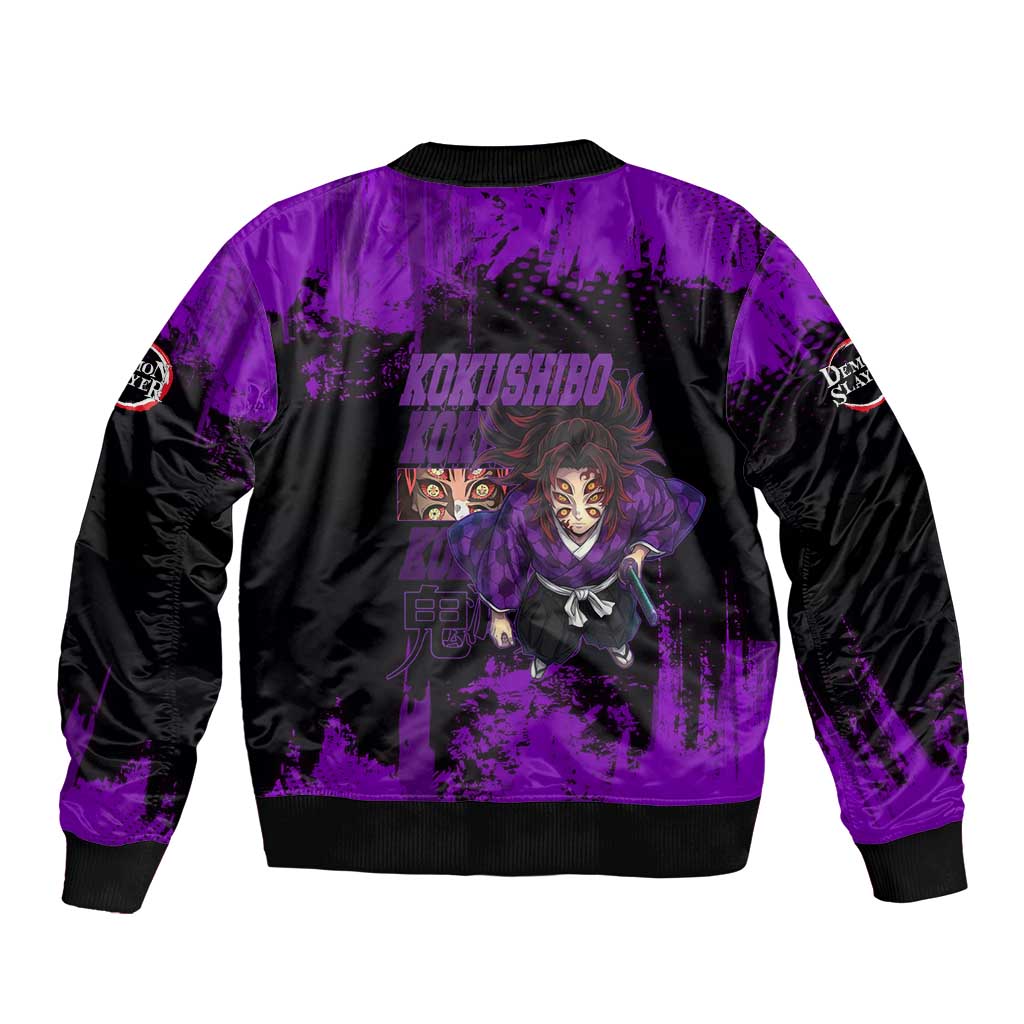 Kokushibo Demon Slayer Purple Grunge Design Sleeve Zip Bomber Jacket with Six Eyes Detail and Sword Pose - The Mazicc