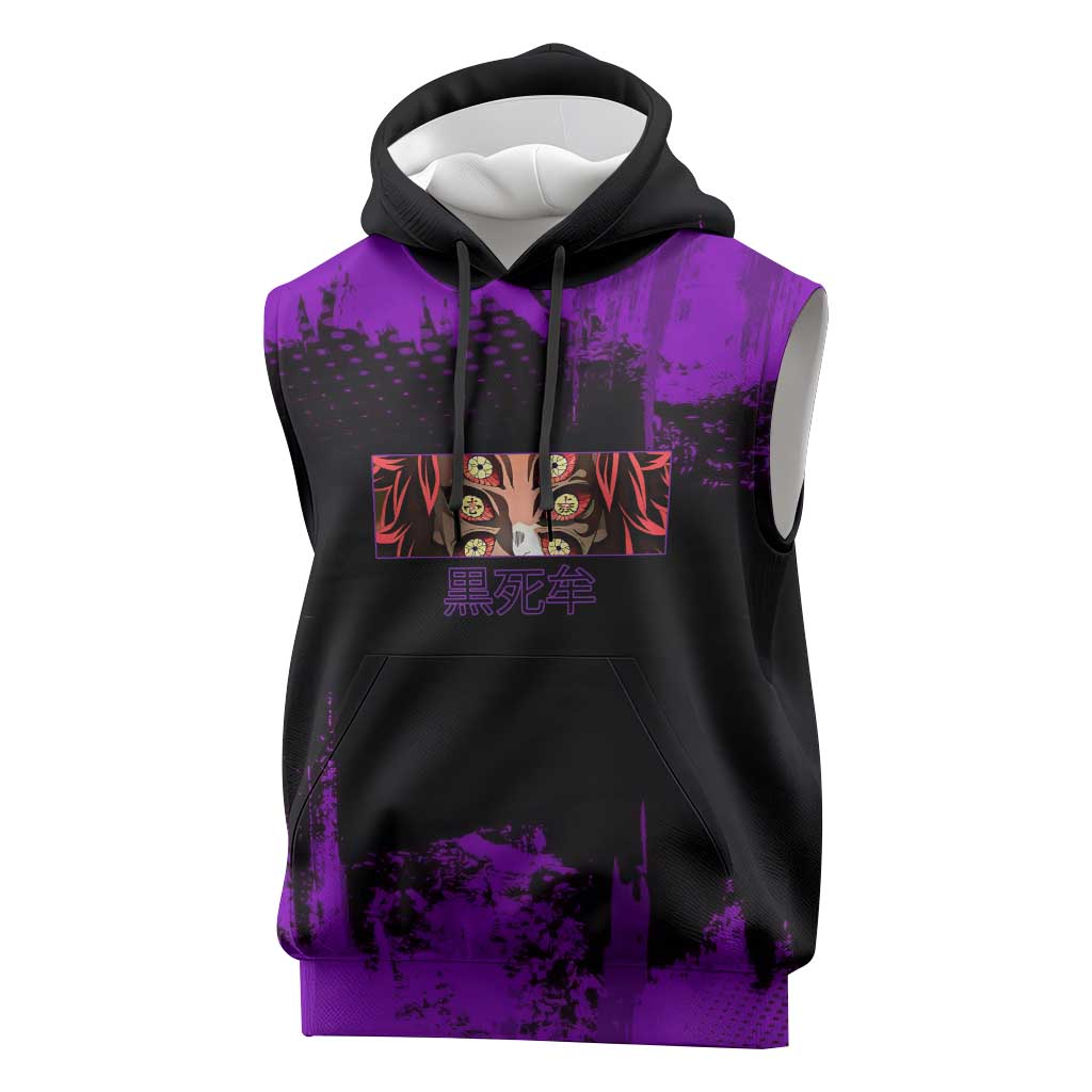 Kokushibo Demon Slayer Purple Grunge Design Sleeveless Hoodie with Six Eyes Detail and Sword Pose - The Mazicc