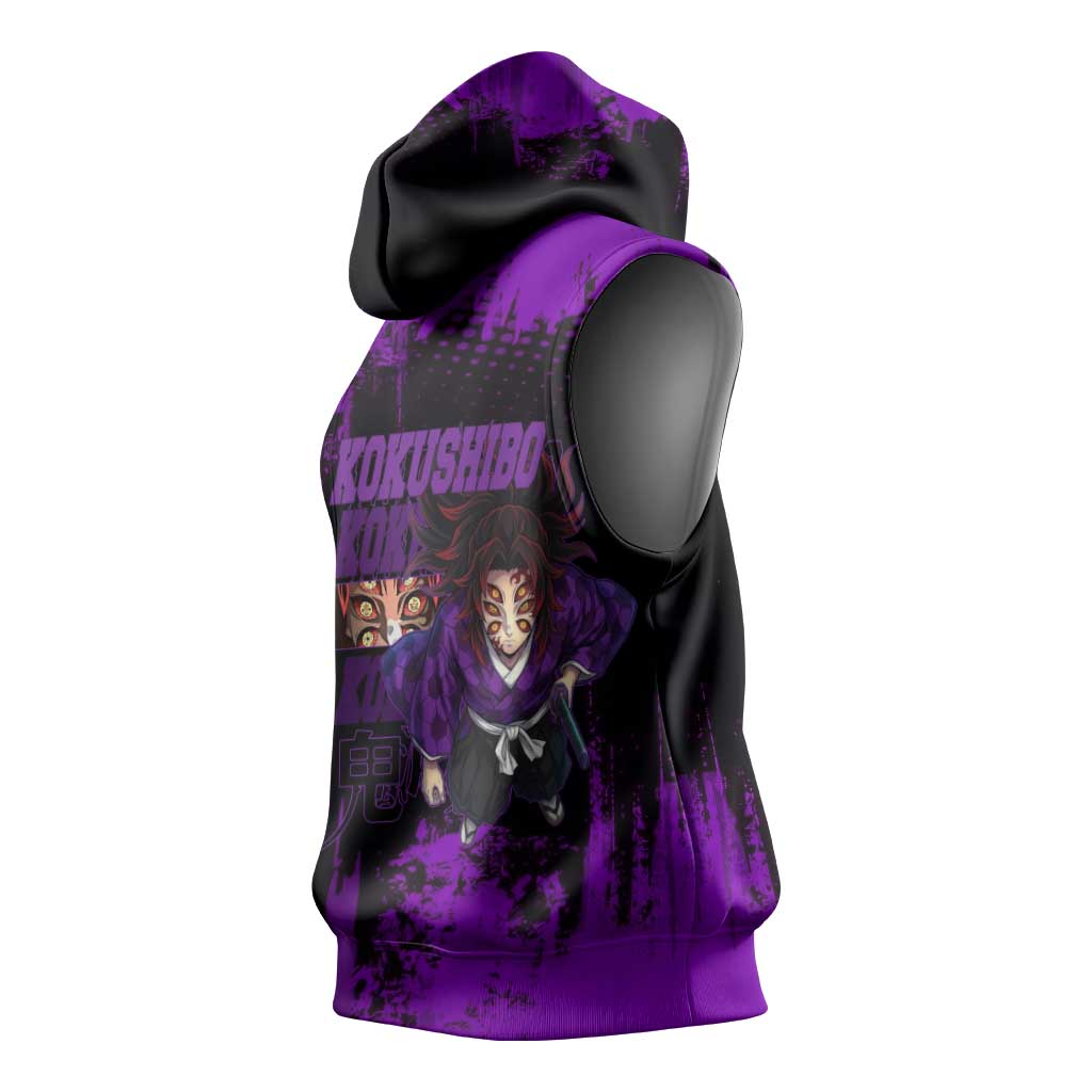 Kokushibo Demon Slayer Purple Grunge Design Sleeveless Hoodie with Six Eyes Detail and Sword Pose - The Mazicc
