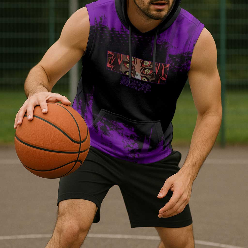 Kokushibo Demon Slayer Purple Grunge Design Sleeveless Hoodie with Six Eyes Detail and Sword Pose - The Mazicc