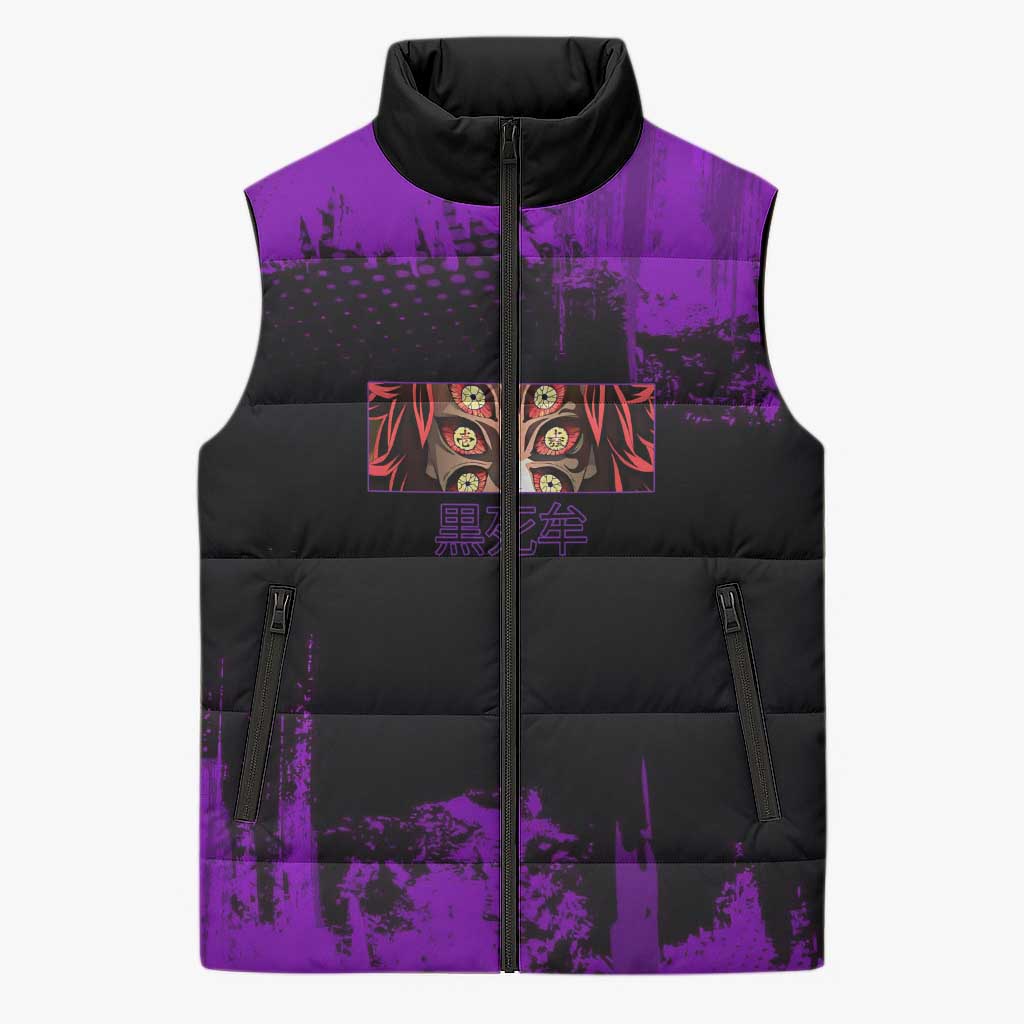 Kokushibo Demon Slayer Purple Grunge Design Sleeveless Puffer Jacket with Six Eyes Detail and Sword Pose - The Mazicc
