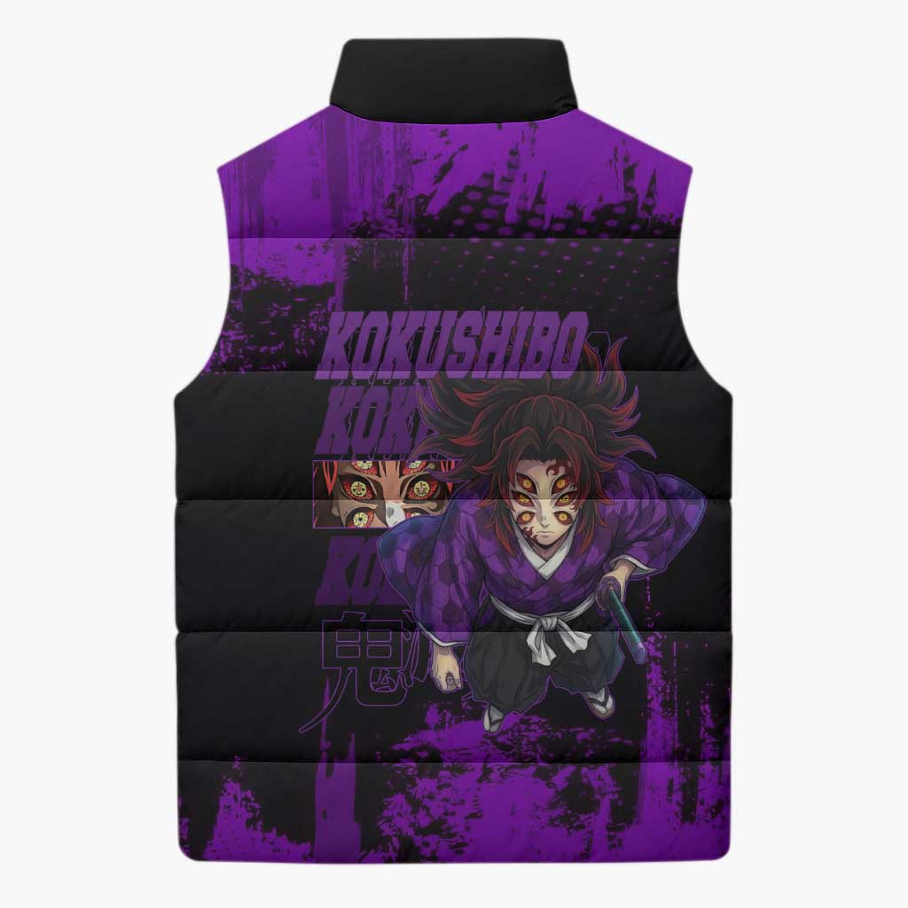 Kokushibo Demon Slayer Purple Grunge Design Sleeveless Puffer Jacket with Six Eyes Detail and Sword Pose - The Mazicc