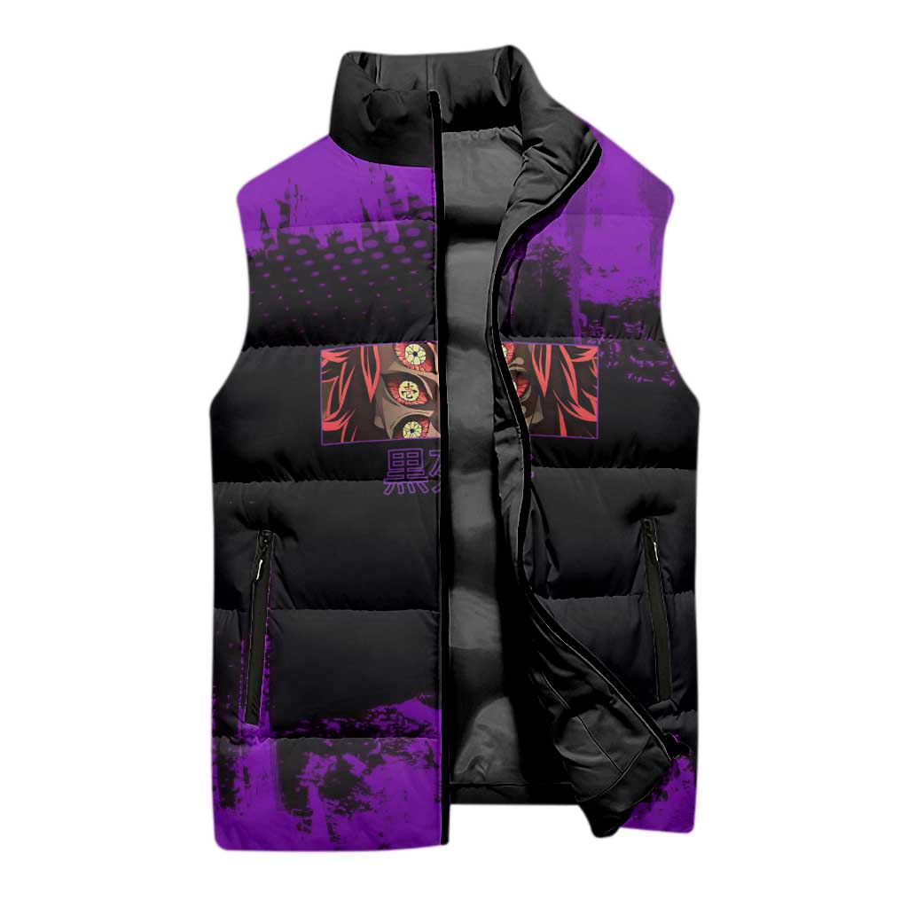 Kokushibo Demon Slayer Purple Grunge Design Sleeveless Puffer Jacket with Six Eyes Detail and Sword Pose - The Mazicc
