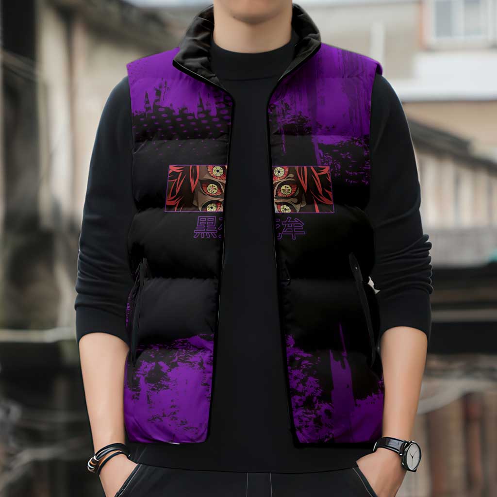 Kokushibo Demon Slayer Purple Grunge Design Sleeveless Puffer Jacket with Six Eyes Detail and Sword Pose - The Mazicc