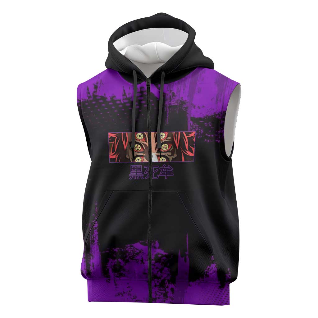 Kokushibo Demon Slayer Purple Grunge Design Sleeveless Zip Hoodie with Six Eyes Detail and Sword Pose - The Mazicc