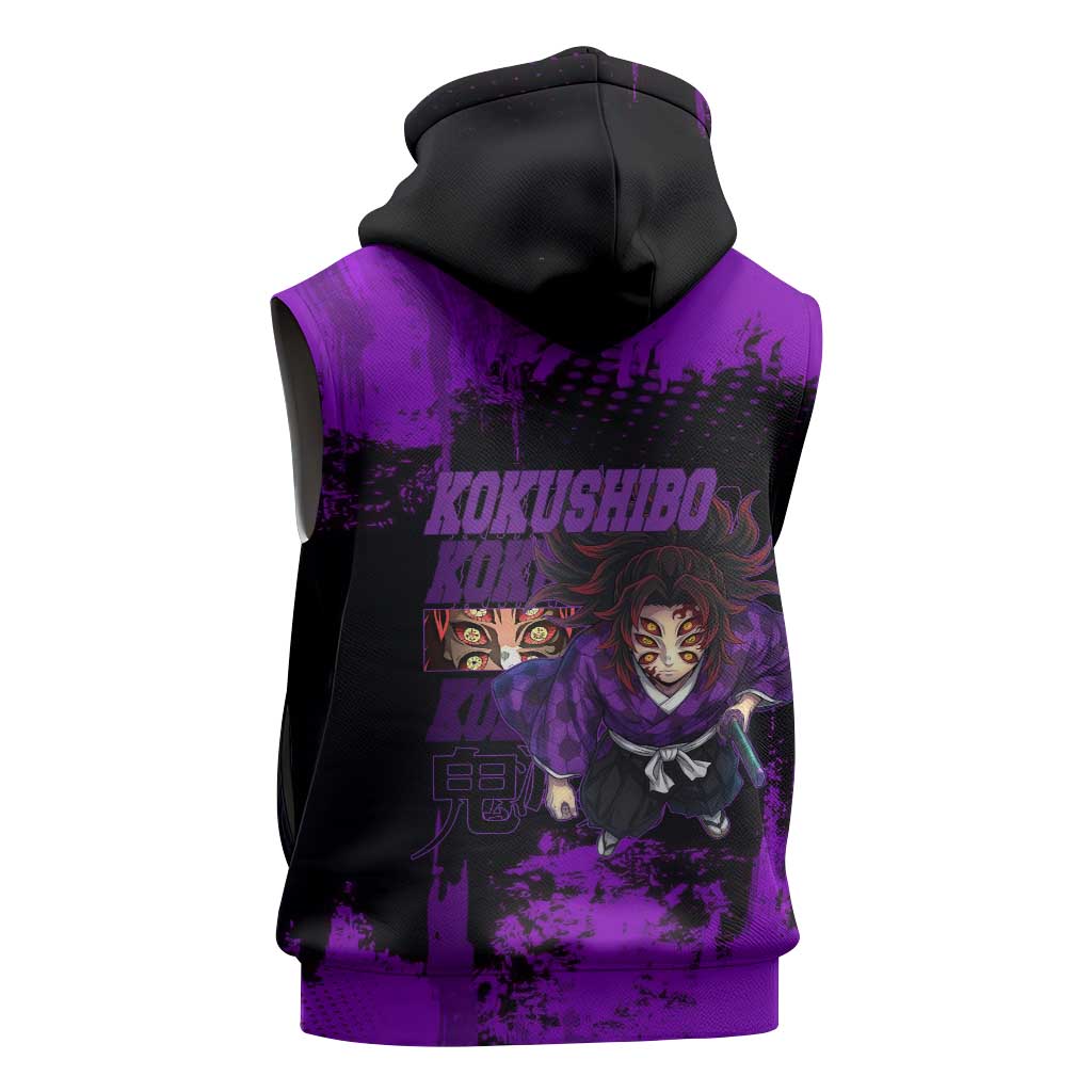 Kokushibo Demon Slayer Purple Grunge Design Sleeveless Zip Hoodie with Six Eyes Detail and Sword Pose - The Mazicc