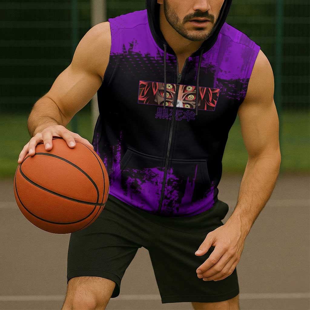 Kokushibo Demon Slayer Purple Grunge Design Sleeveless Zip Hoodie with Six Eyes Detail and Sword Pose - The Mazicc